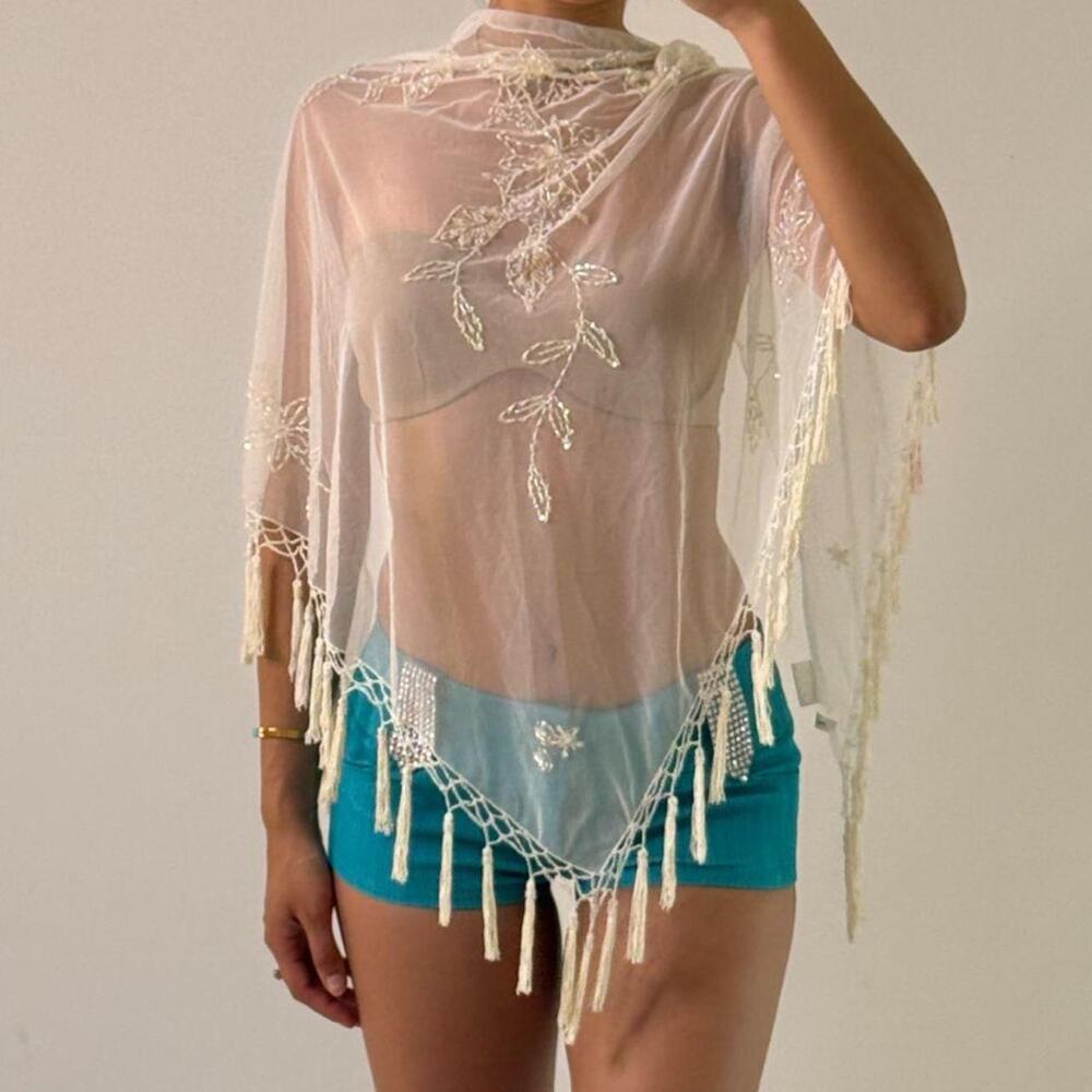 Ivory Beaded Mesh Shawl/ Cover Up